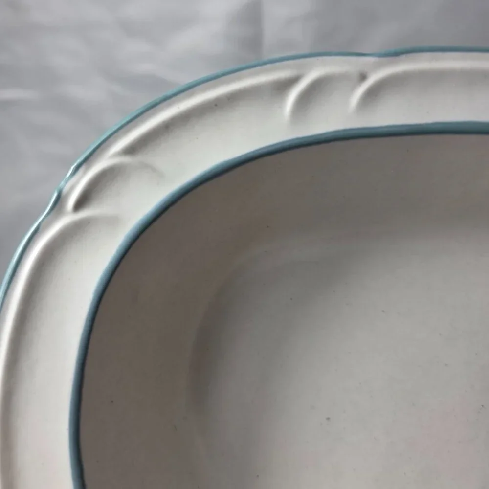 Country Ware Ashberry 10 Inch Oval Serving Bowl White with Blue Scalloped Edge